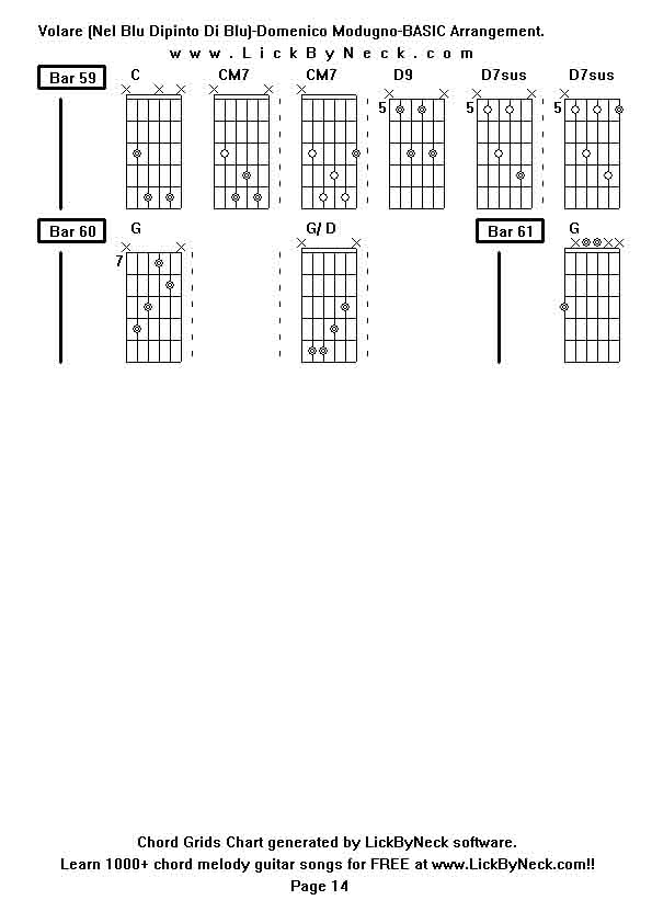 Chord Grids Chart of chord melody fingerstyle guitar song-Volare (Nel Blu Dipinto Di Blu)-Domenico Modugno-BASIC Arrangement,generated by LickByNeck software.